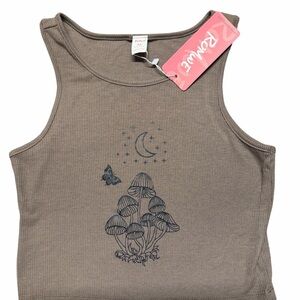 2+1 FREE ROMWE Brown Tank Top with Moon and Mushroom Design